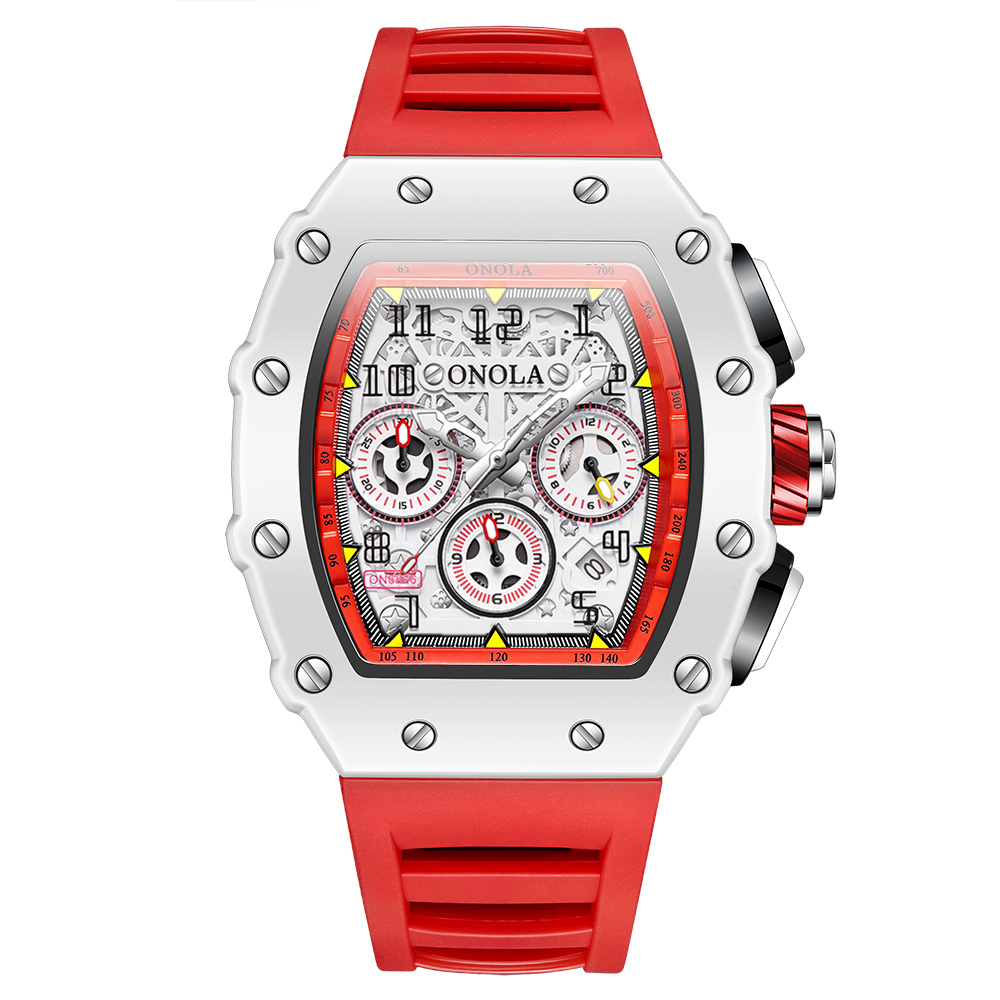 ONOLA Uhren für Herren, modisch, lässig, Tonneau, multifunktional, weiches Silikonarmband, wasserdicht, weiße Quarz-Herrenuhr, Reloj Hombre: Rot