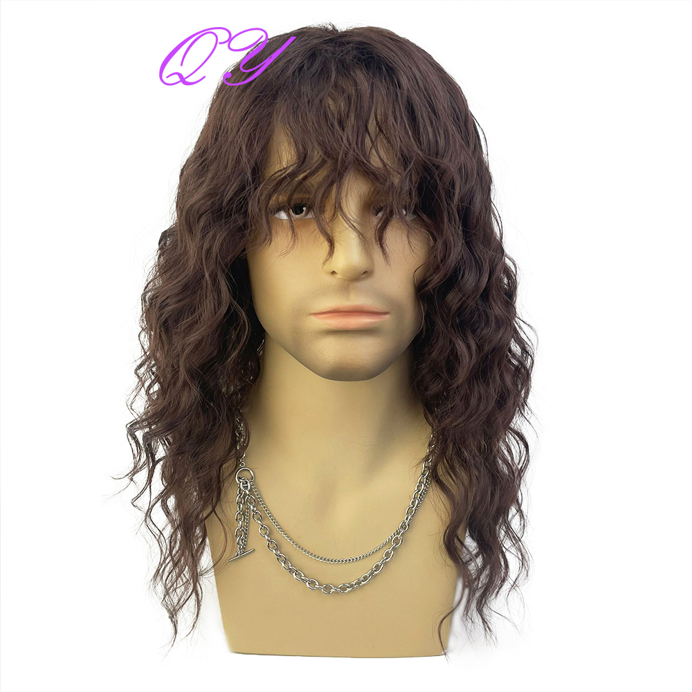 Peluca sintética para hombre, peluca larga marrón Natural rizada Rock Man con flequillo para o Cosplay, peluca de pelo masculino con ondas de agua ajustables