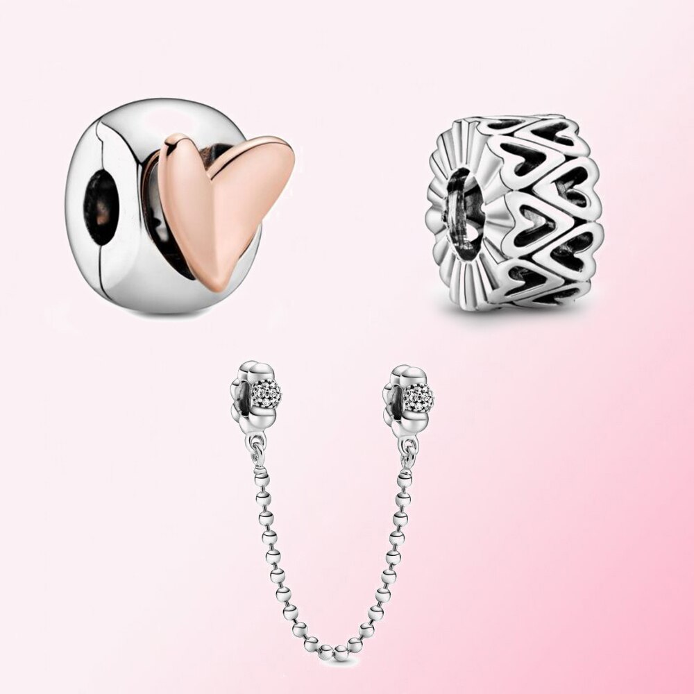 Valentinstag 100% 925 Sterling silber Perlen & Pflastern Sicherheit Kette Durchbrochene Freehand Herz Spacer Charme Clip