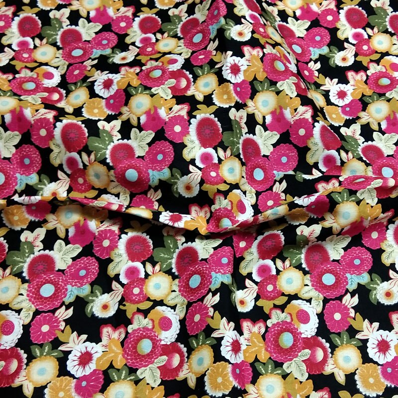 Tela de popelina de algodón con estampado de flores, tela de popelina negra y real de 50x145cm para costura artesanal, vestido de tela para bebé, retazos