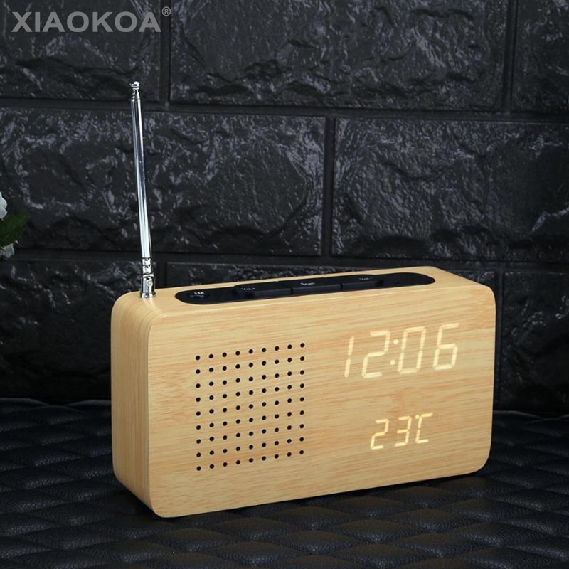 Xiaokoa FM Radio Bamboo LED Electronic Display with LED Clock Desktop Micro Portable Radio Home Radio Mini Temperature Display