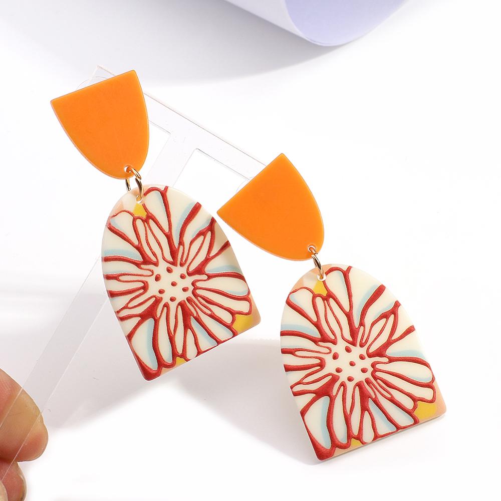 AMORCOME Cute Orange Geometric Acrylic Earrings 3D Effect Colorful Printed Flower Simulated Polymer Clay Earrings Daily Jewelry