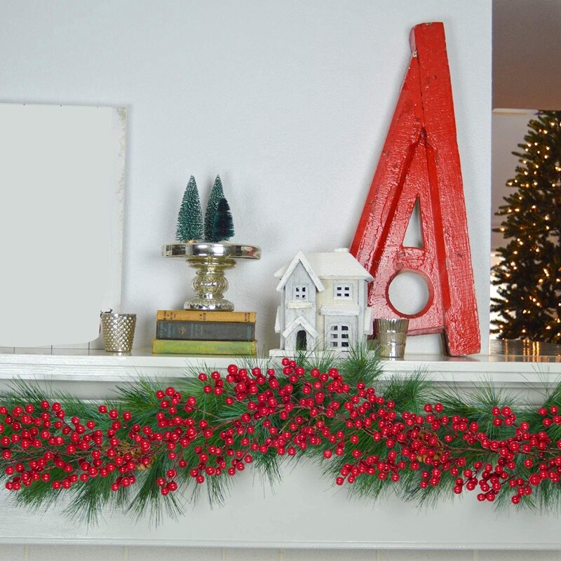 Guirnalda navideña de bayas rojas de 6,39 pies, guirnalda de bayas artificiales flexibles para decoración de chimenea para decoración navideña de invierno