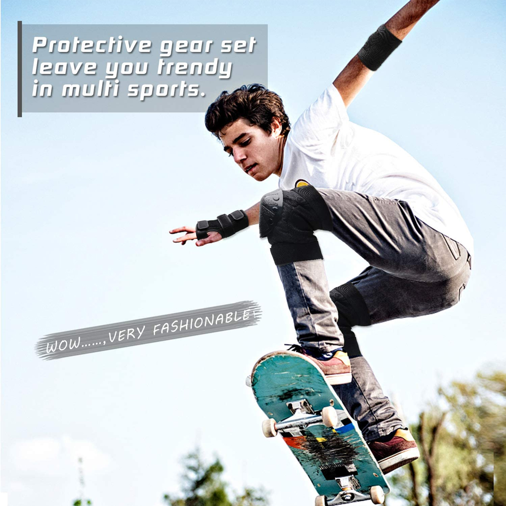 Ginocchiere Gomitiere Protezioni per i polsi Set di equipaggiamento protettivo per skateboard 3in1 per skateboard Ciclismo Pattinaggio Scooter Bici Bambini/Adulti