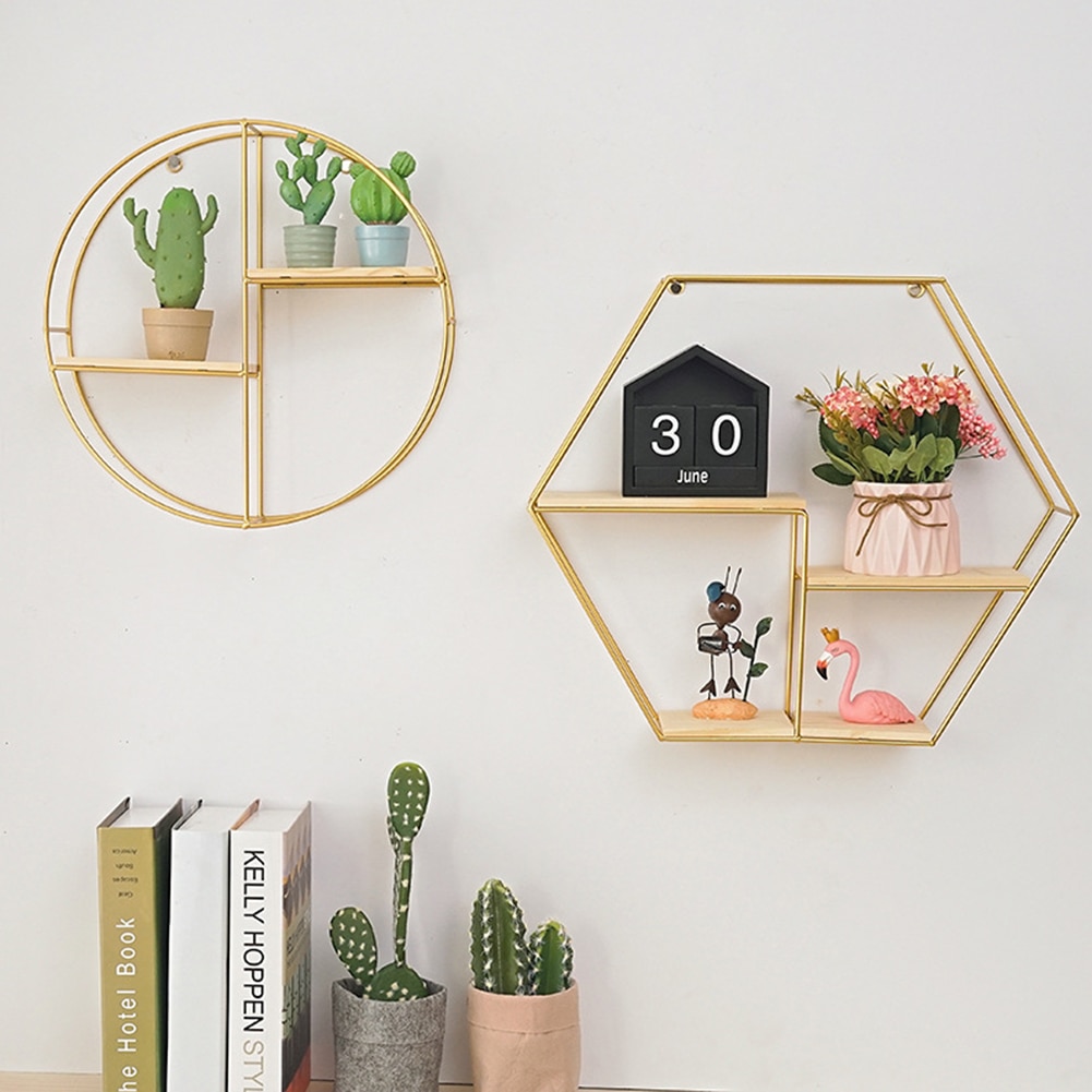 Metal Wooden Storage Rack Wall Hanging Storage Holders Racks Book Figurines Flower Pot Display Shelf Home Storage Organizer
