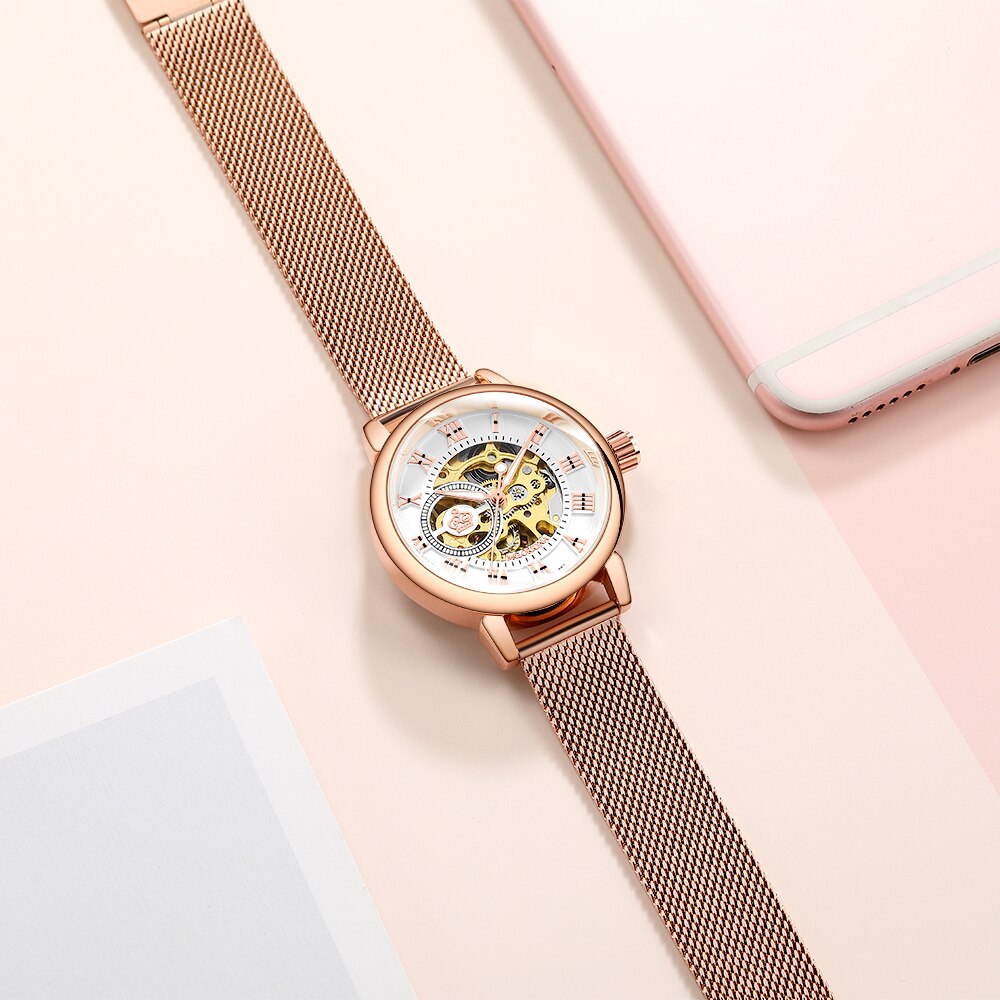 ORKINA Mechanische Frauen Armbinde Uhr Skelett Automatische Armbanduhr Gittergewebe Edelstahl Band Weibliche Uhr schick Reloj Mujer