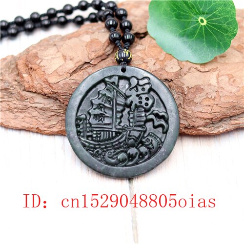 Chinesische Natürliche Schwarz Grün Jade Segelboot Anhänger Perlen Halskette Charme Schmuck Obsidian Zubehör Geschnitzt Amulett für Männer