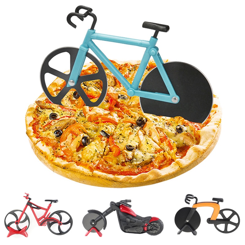 Bike Pizza Cutter Messen Rvs Twee-Wiel Fiets Pizza Snijmes Met Houder Pizza Chopper Slicer Tool Keuken