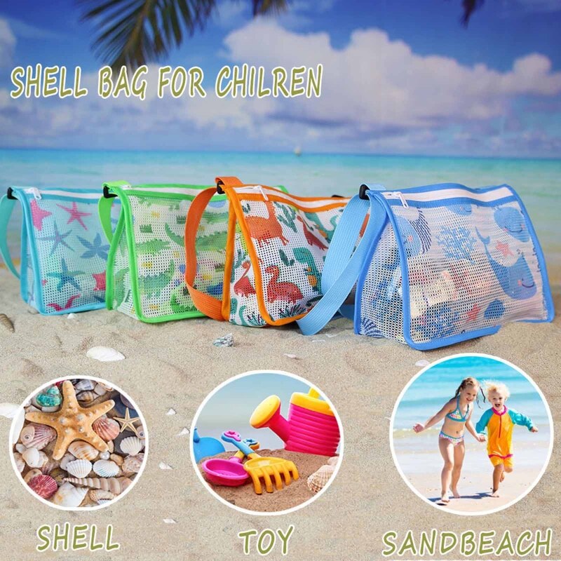 Beach Shell Bag Container Bag for Sand Pool Glasses Swimsuit Storage Cartoon Printing Dyeing Net Bag Boys Girls Favor