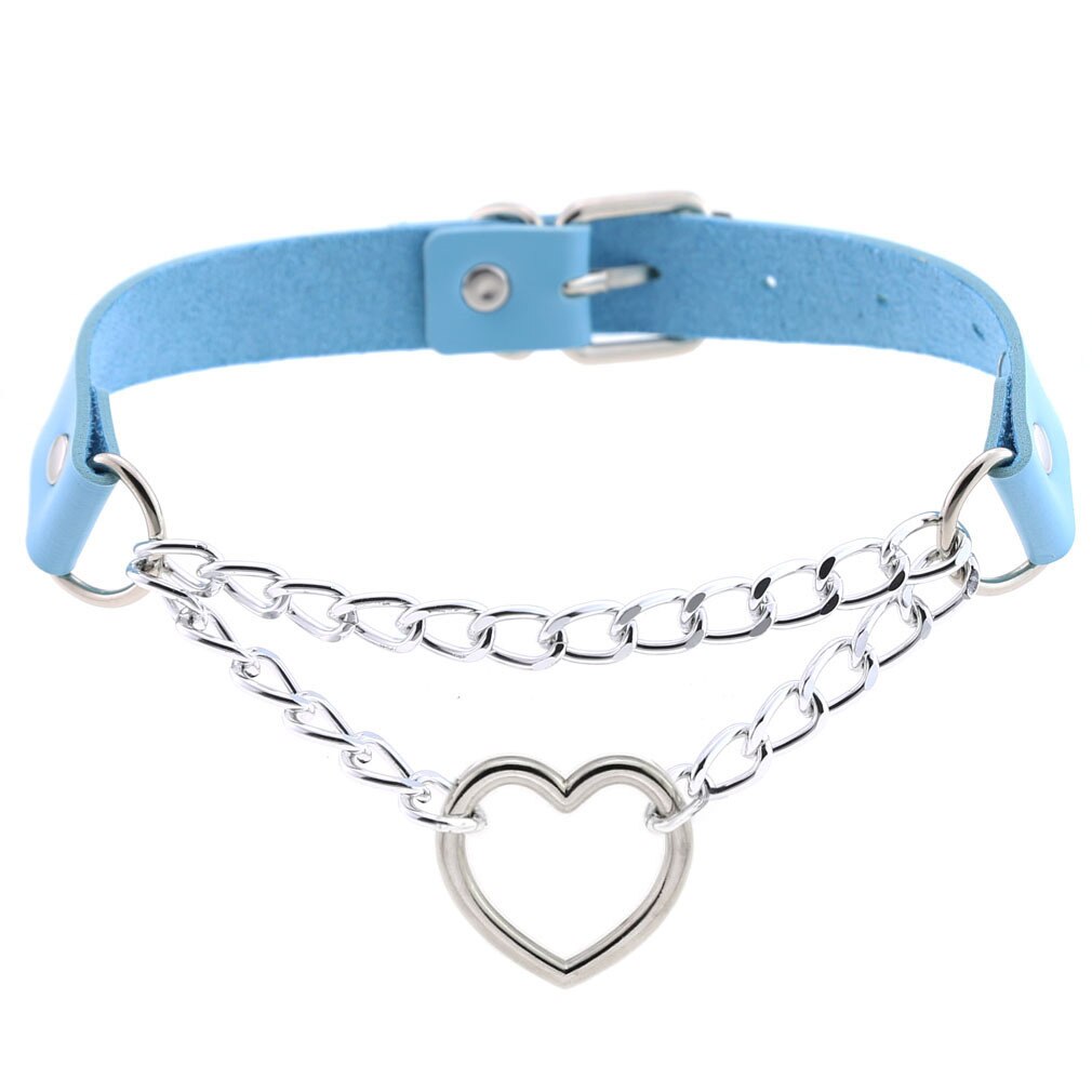 Wollet Jewelry personality PU leather peach heart love collar necklace chain heart-shaped neckband neck chain clavicle: Light blue