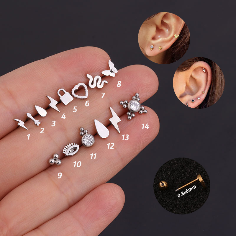 2 Stks/partij 100% Roestvrijstalen Oorpiercing Stud Bliksem Kruis 3 Stippen Slangenvorm Cz Oorkraakbeen Helix Tragus Toren Piercings