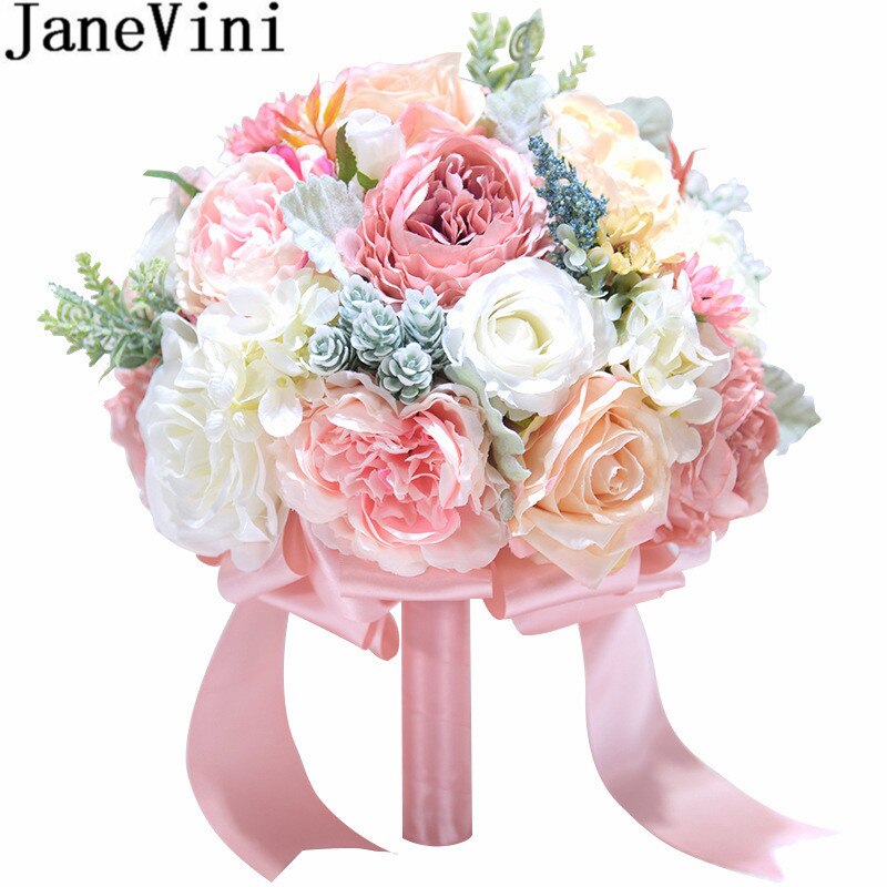 JaneVini Romantic Pink Purple Bridal Flower Bouquet Wedding fleur rose Peonies Bride Bouquets fleurs artificielles