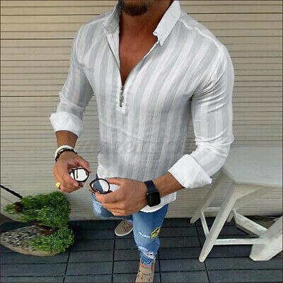 Heren t-shirt met lange mouwen en halve rits, slim fit blouse, tops en shirts: Wit / Aziatisch -2xl ons-l