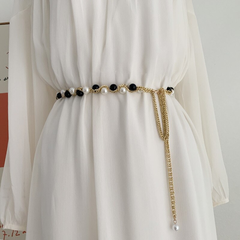 Pearl Women Chain Belt Shell Metal Lady Waist Belts Thin Slim Dress Long Waistbands Straps Banquet Wedding
