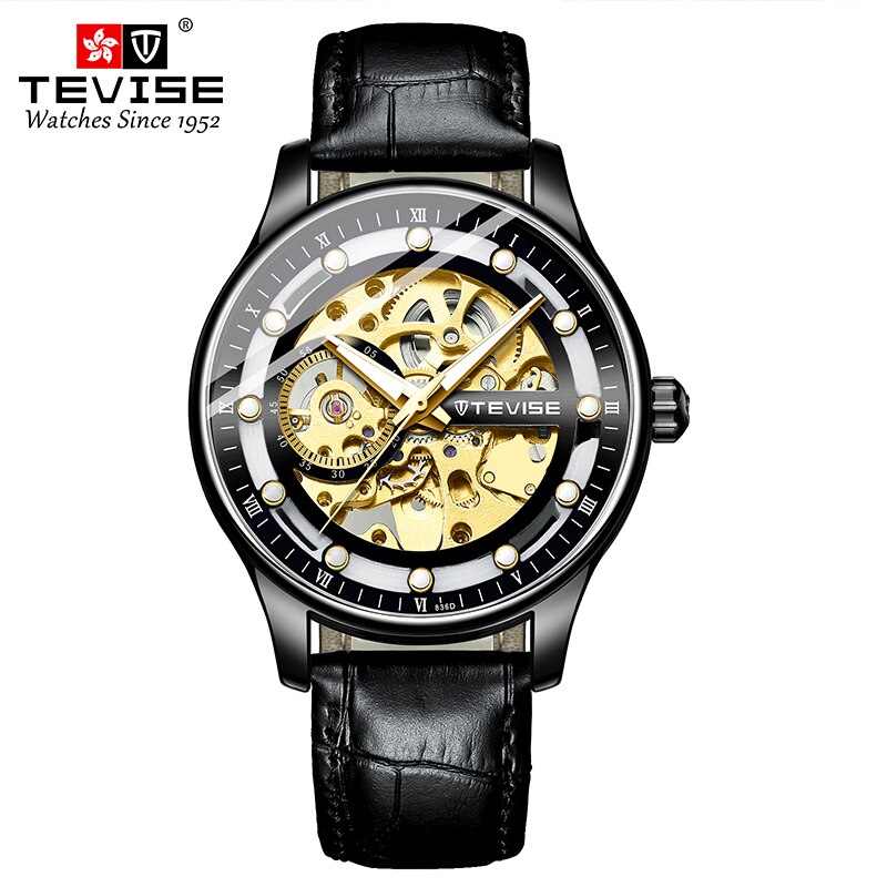 Tevise Skeleton Automatische Mechanische Mannen Horloge Lederen Band Mannelijke Klok Top Luxe Mannen Polshorloge: black