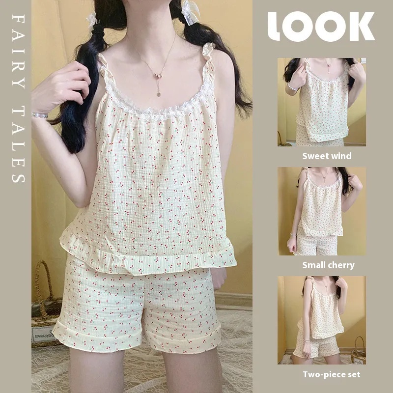 Damepyjamas loungewear damestrømpeholder forår sommer tynd ærmeløs vest koreansk blomstret sød pyjamas loungewear sæt