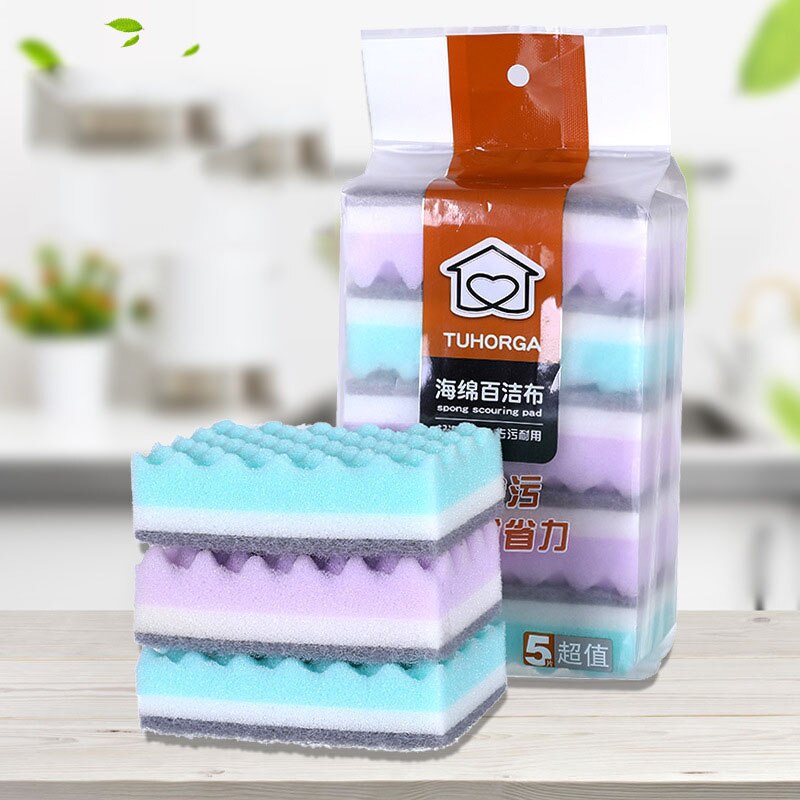 5Pcs/Set Thick Sponge Strong Decontamination Dish Washing Cloth Kitchen Cleaner Sponges Scouring Pads Kitchen Gadget