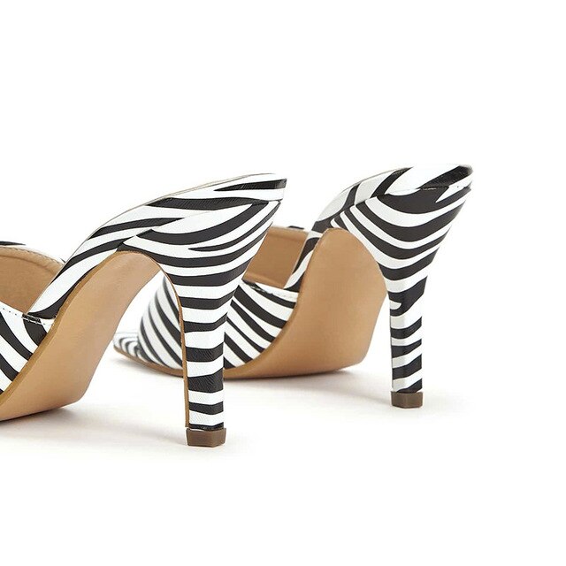 Sexy Zebra sandal Square Head Peep Toe Thin High Heels Slippers Summer Slip On Slides Women Mules Party Shoes