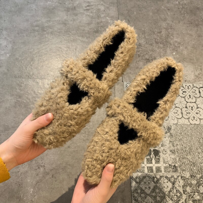 Hook & loop fritidsskor kvinna vårbaletter plattor slip on dam skor varm plysch päls lägenheter dam loafers