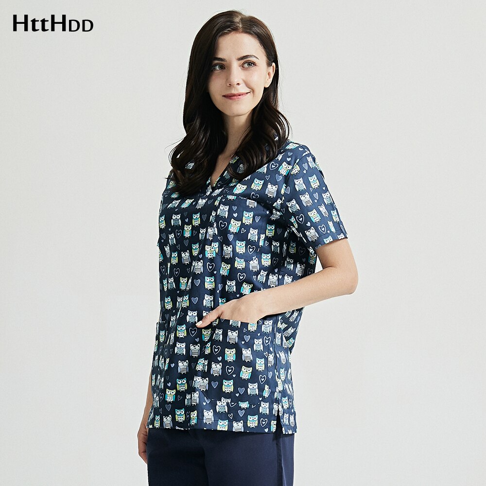 Korte Mouw Scrubs Tops Met Zakken Mode Uniformen Pet Shop Werkkleding Schoonheidssalon Print Ademend Scrubs Tops
