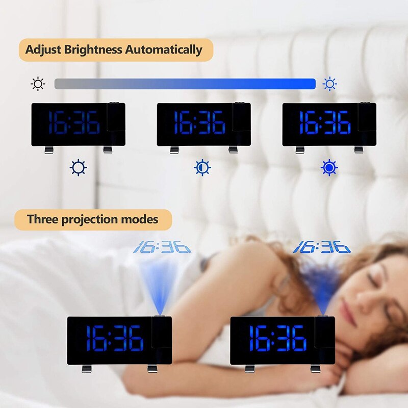 Projection Alarm Clock, 7 inch LED Curved-Screen Large Digital Display, Adjust Brightness Automatically, 12/24 Hour,Dual Alarm