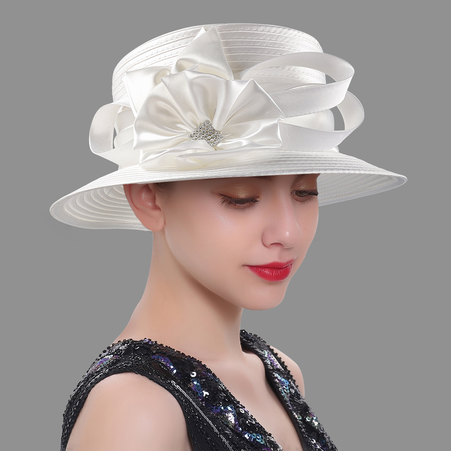 Sombrero de iglesia blanco de lujo para , banquete, tela satinada, sombreros de fotografía, cadenas Premium, sombrero Formal, gorra superior de flores para mujeres y señoras: Negro