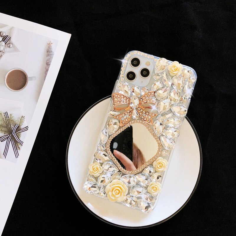 Suitable for IPhone 11/12promax 7/8plus Rhinestone Makeup Mirror Bow Case for IPhone XSmax XR XS X Protective Sleeve: For iPhone 12mini