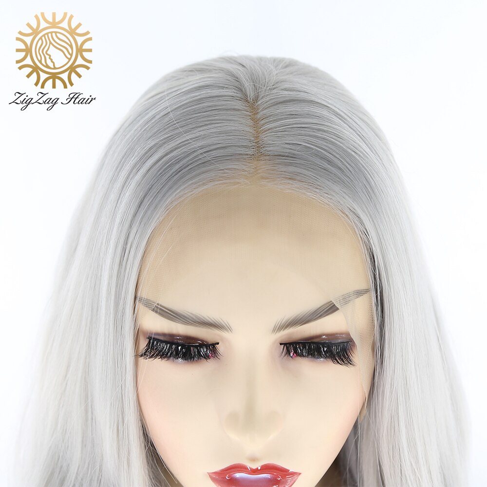 Zigzag Silver Grey Body Wave Synthetische Lace Front Pruik Voor Witte Vrouwen Lange Middelste Deel Pruik Natuurlijke Haarlijn Hittebestendige fiber