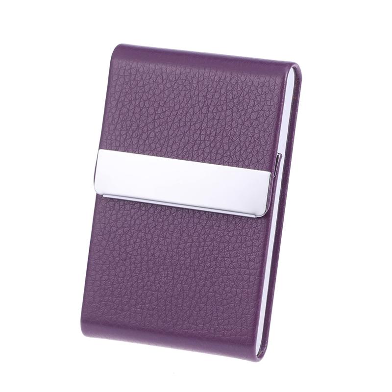 Business Card Holder - Metal PU Leather Case - Unisex Name Visit Card Organizer Box: Purple