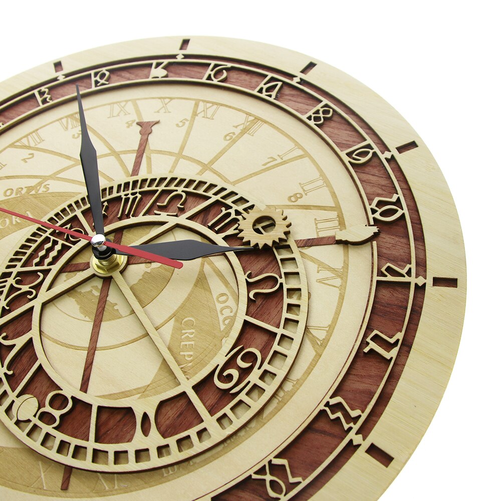 Prague Astronomical Clock in Wood Czech Republic Medieval Astronomy Wall Hanging Clock Astrology Decorative Wall Timepiece