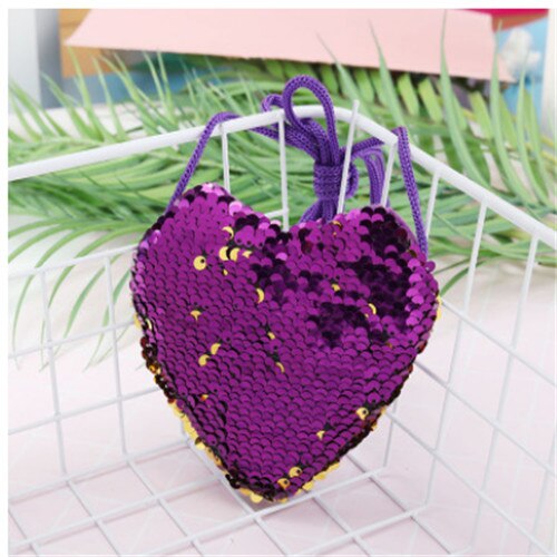 Sequins Loving Heart Kids Coin Purses Girls Mini Messenger Bag Shoulder Bag Ladies Small Sequin Coin Purse Child Bag: Purple