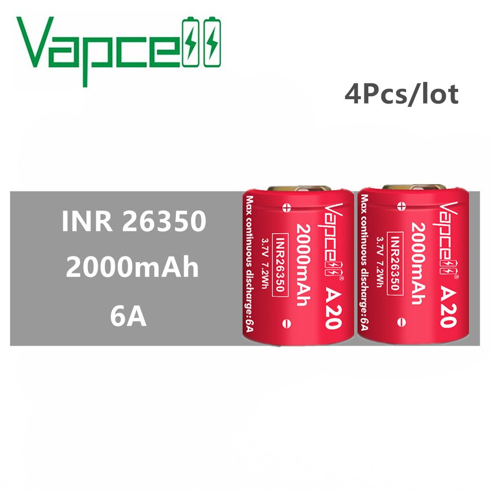 4pcs original Vapcell 26350 battery 2000mah 6A A20 rechargeable battery for Flashlights power tools 3.7V li-ion battery