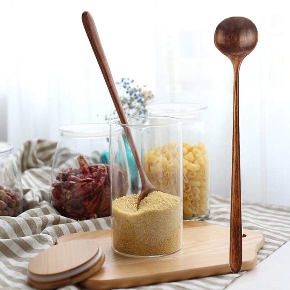 1Pc Lange Lepel Mengen Lepel Kruiden Lepel Japanse Stijl Natuurlijke Hout Lange Steel Ronde Lepel Koken Mengen Lepel