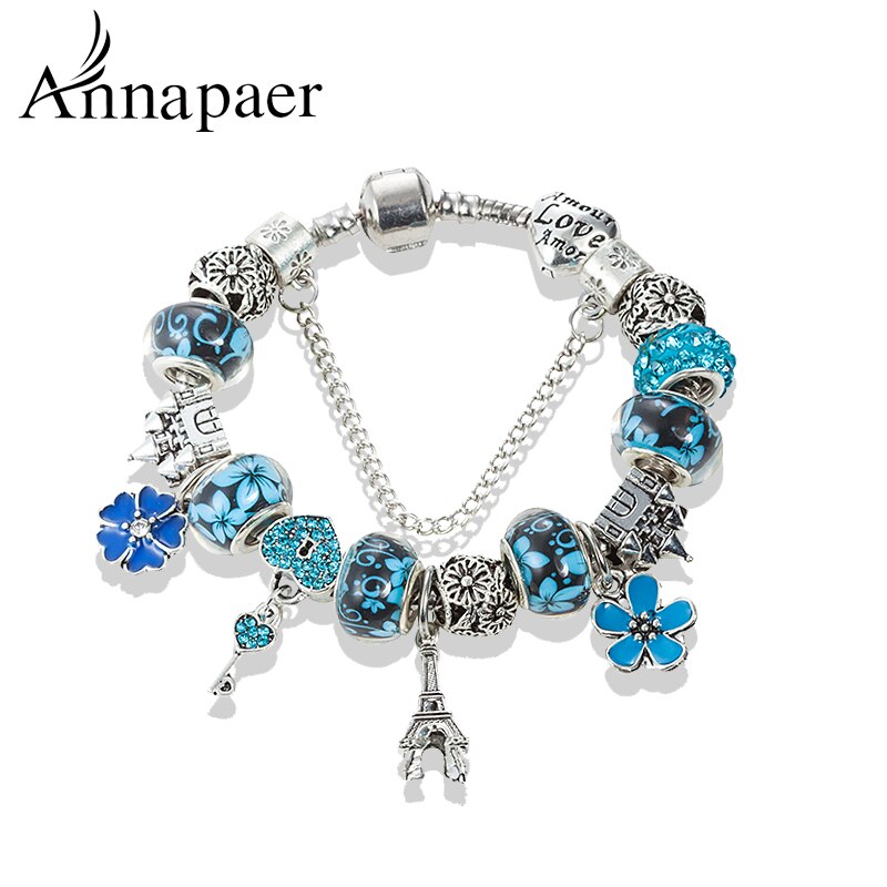 ANNAPAER Lock keys Charm Bracelet for Women Antique Silver Color Murano Glass Beads Fit Pan Bracelets Bangles DIY Jewelry B16008