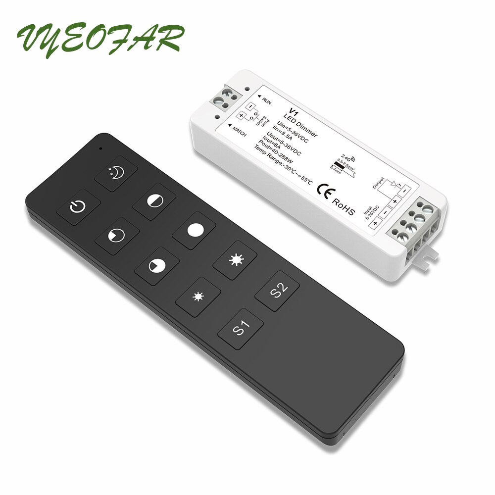LED Strip Dimmer 12V 5V 24V 36V Input 8A Output PWM Wireless Receiver RF Remote Single Color String Tape Ribbon Light Dim
