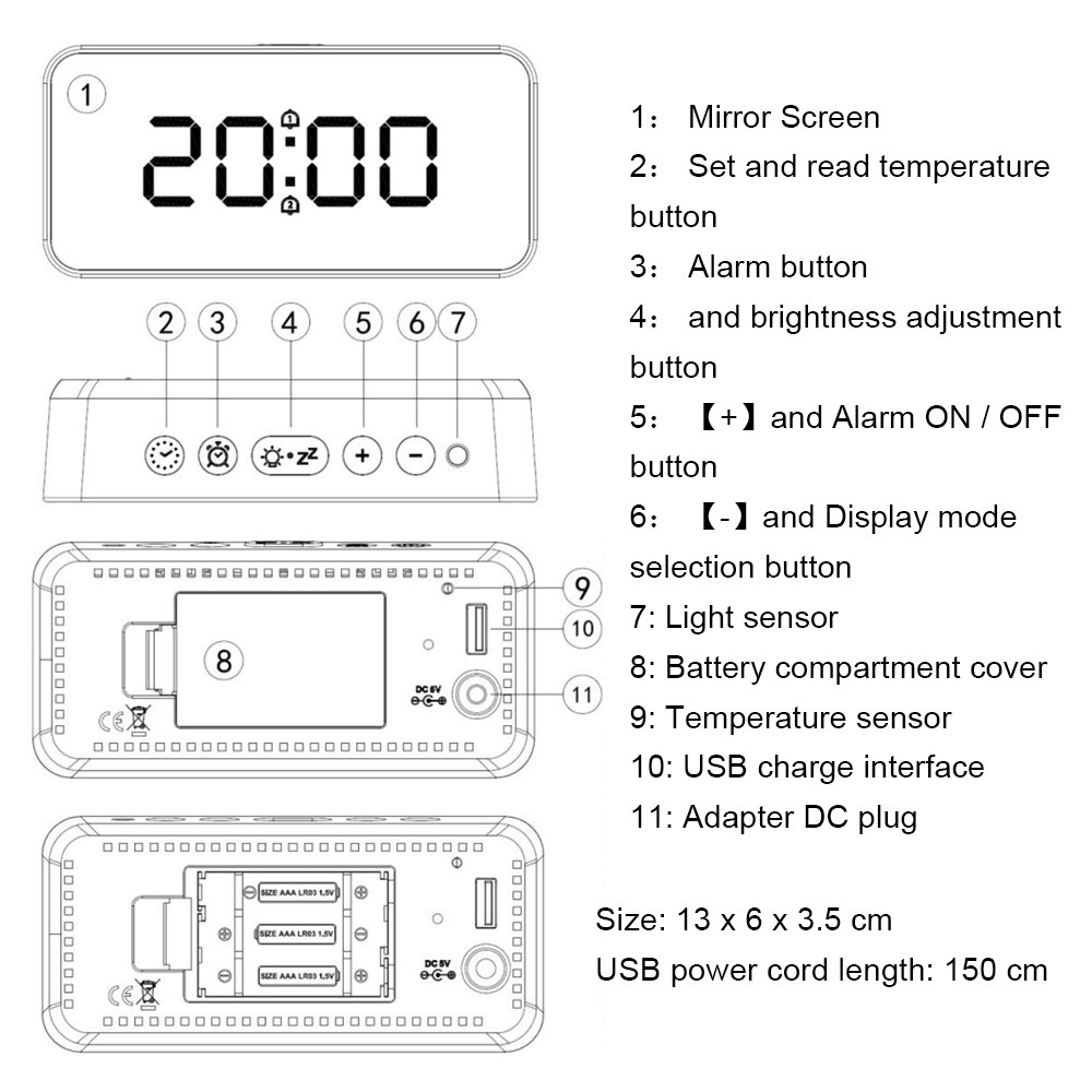 Vækkeur led digital stor tid temperatur display spejl snooze bordur aaa power elektronisk automatisk baggrundsbelysning ure