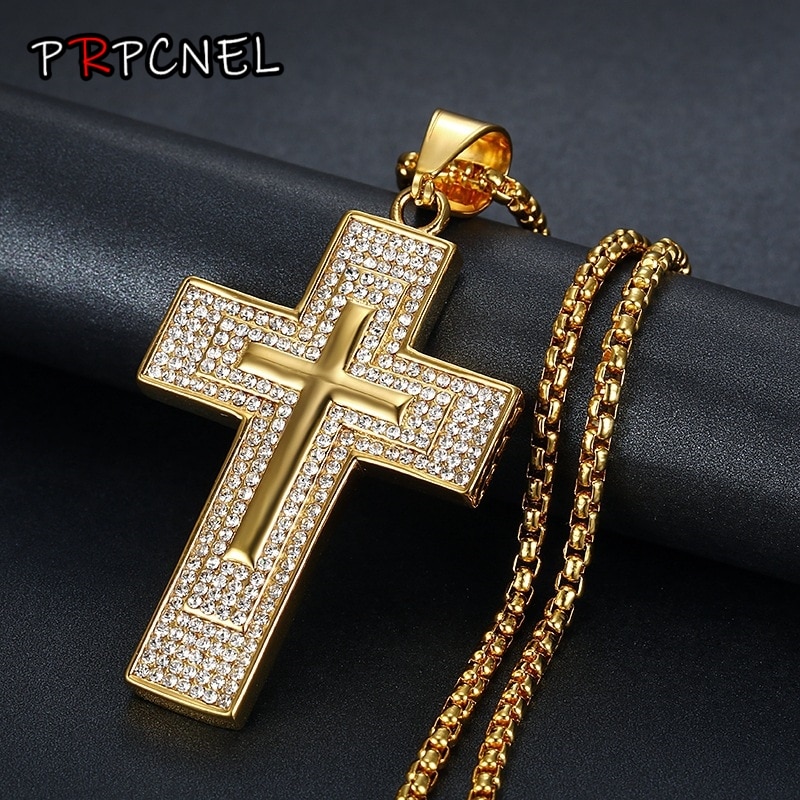 Hip Hop gold color Jewelry Large Cross Pendant Iced Out Shining zircon Bling Bling Cross Men Chain Necklace Jewelry