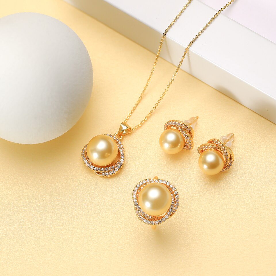 South sea shell perle guld smykker til kvinder sæt halskæde øreringe ring med zirkon fest fødselsdag bryllup: Guld-guld