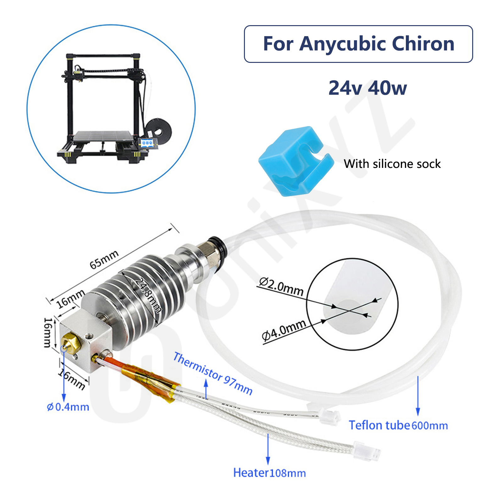 Bloque calefactable Hotend mejorado para Anycubic I3 Mega S Mega Zero 2,0 Kobra Chiron Vyper 12V 24V calentador j-head Heat Break End