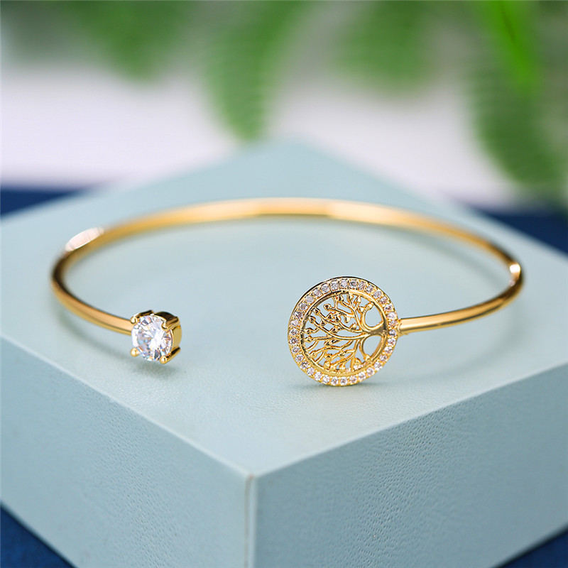 Pulsera delicada de piedra de circón blanco para mujer, pulseras ajustables con árbol de la vida para mujer, bonita pulsera de boda de oro rosa