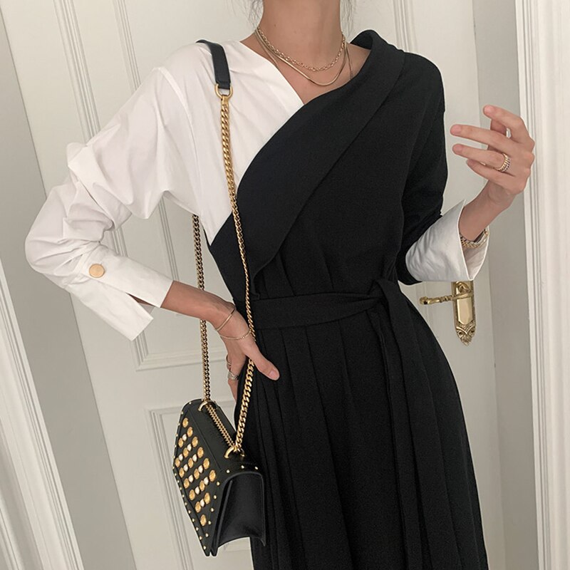 Robe longue en Patchwork de couleur pour femmes, col en v, épaules dénudées, manches longues, style coréen avec ceinture, Vintage B719
