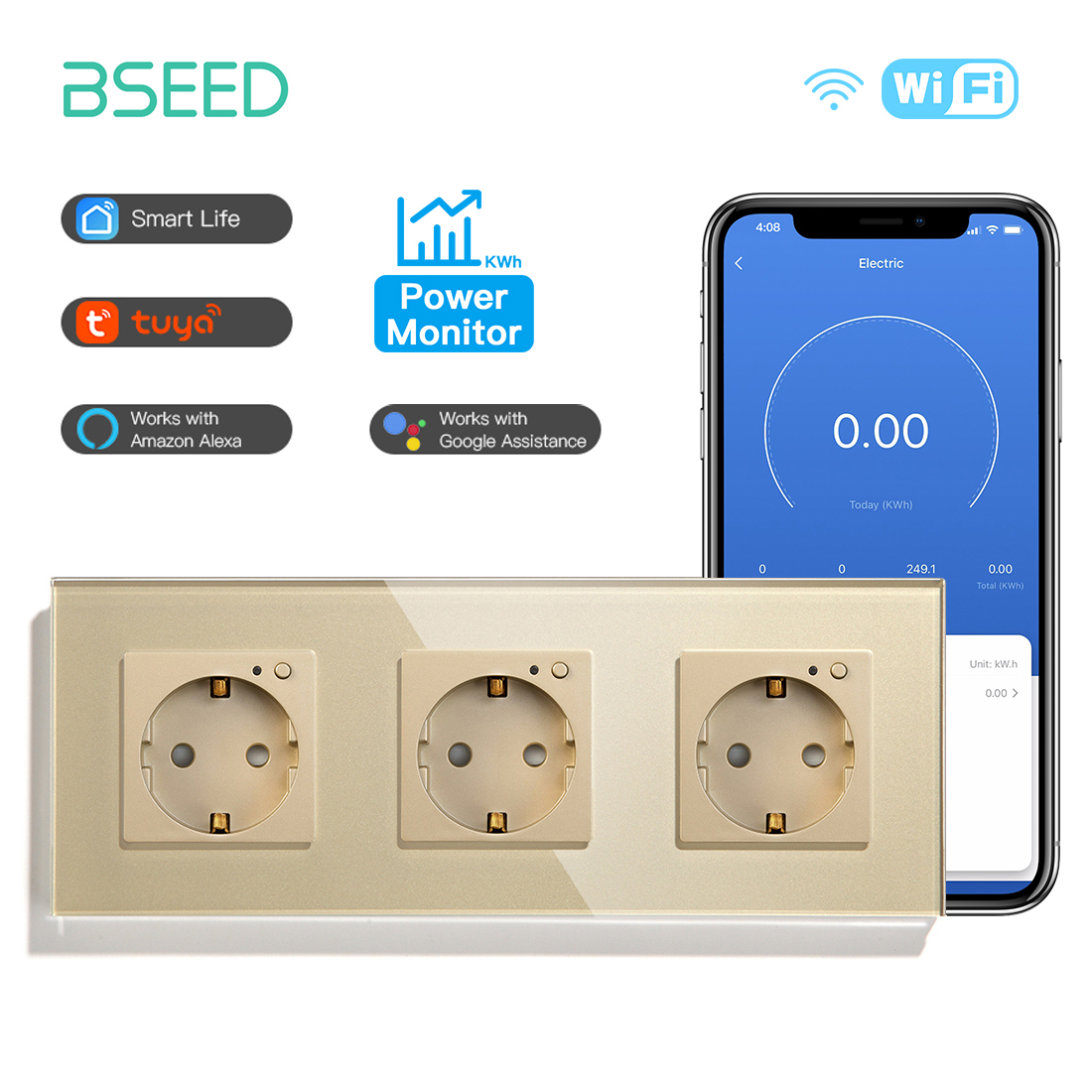 BSEED EU Wall Socket Tuya Smart Socket Wifi Electrical Outlets Power Monitor Google Smart Life Alexa Voice Control Glass Panel: TYPE5