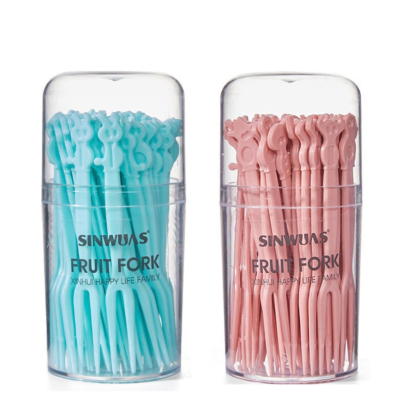 Fruit Fork Set Fruit Stick Disposable Plastic Two Teeth Home to Eat Fruit Cake dessert cha Snacks Small Fork: Pink   Blue  100 Pieces in 2 Boxes