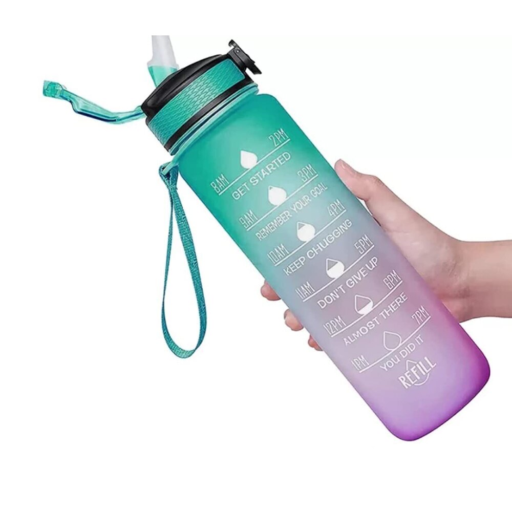 Botella de agua deportiva con pajita, vaso esmerilado sin BPA, a prueba de fugas, para deportes al aire libre, 1 Litro: Green Purple