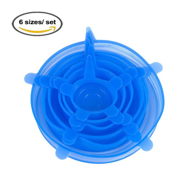 6 Pcs Herbruikbare Voedsel Verpakking Cover Silicon Food Fresh-Houden Afdichting Cap Vacuüm Stretch Siliconen Deksels Keuken Siliconen Cover: Blauw