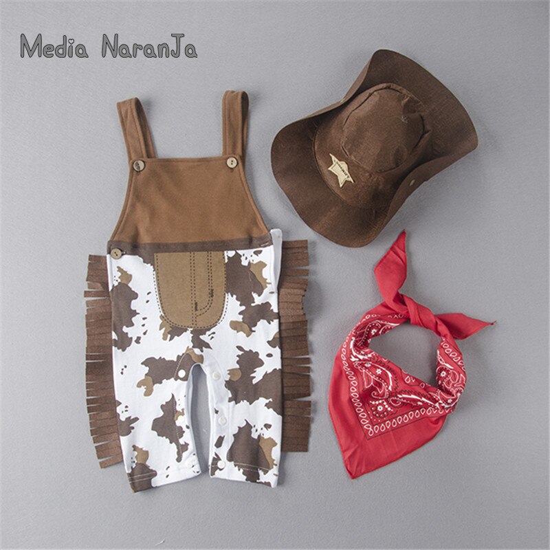 Pelele para bebé, traje de vaquero para niño pequeño, conjunto de 3 piezas, sombrero + bufanda + pelele, trajes de cumpleaños para eventos de halloween: 3 años