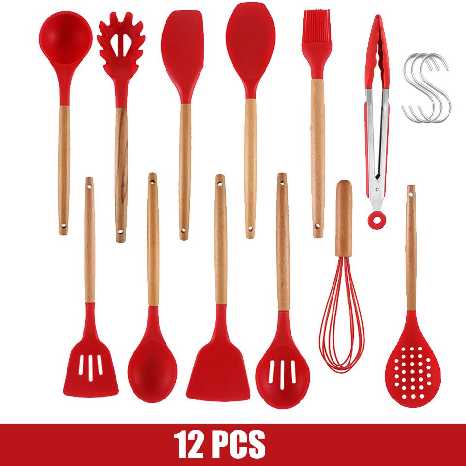 Cooking Tools Silicone Utensils Set Turner Tongs Soup Spoon Brush Non-stick Shovel Oil Spatula Kitchen Tool Set Red: 12PCS A