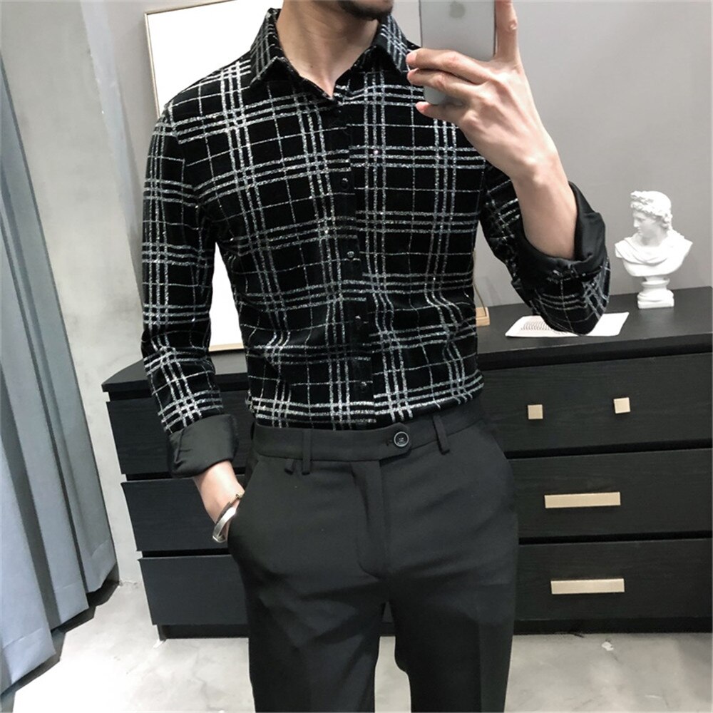 Luxury Velvet Palid Shirs Men Long Sleeve Slim Fit Casual Shirt Spring Business Formal Dress Shirts Social Party Clothing: Black / Asian size M