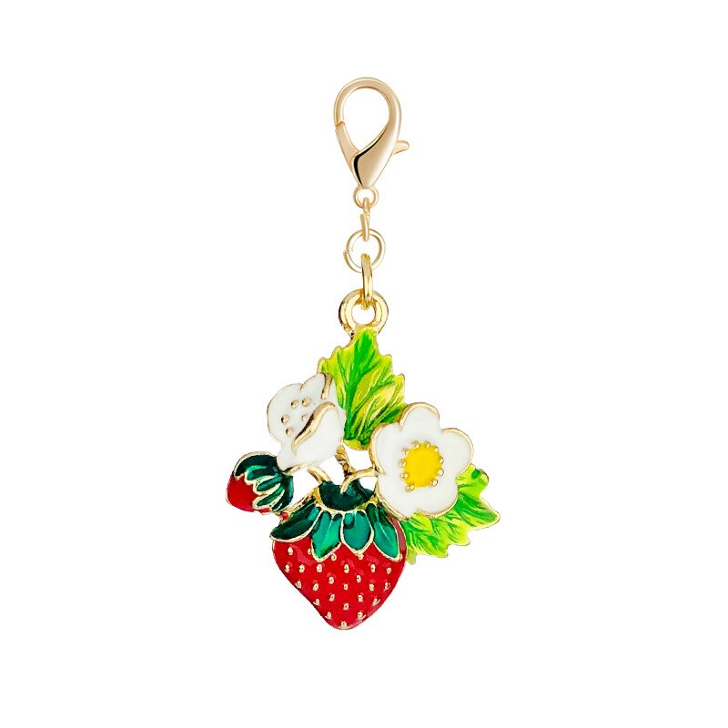 Diy koreansk stil ornament tilbehør legering farve olie jordbær nøglering vedhæng friske små ornamenter taske tilbehør: Legering jordbær nøglering hvid