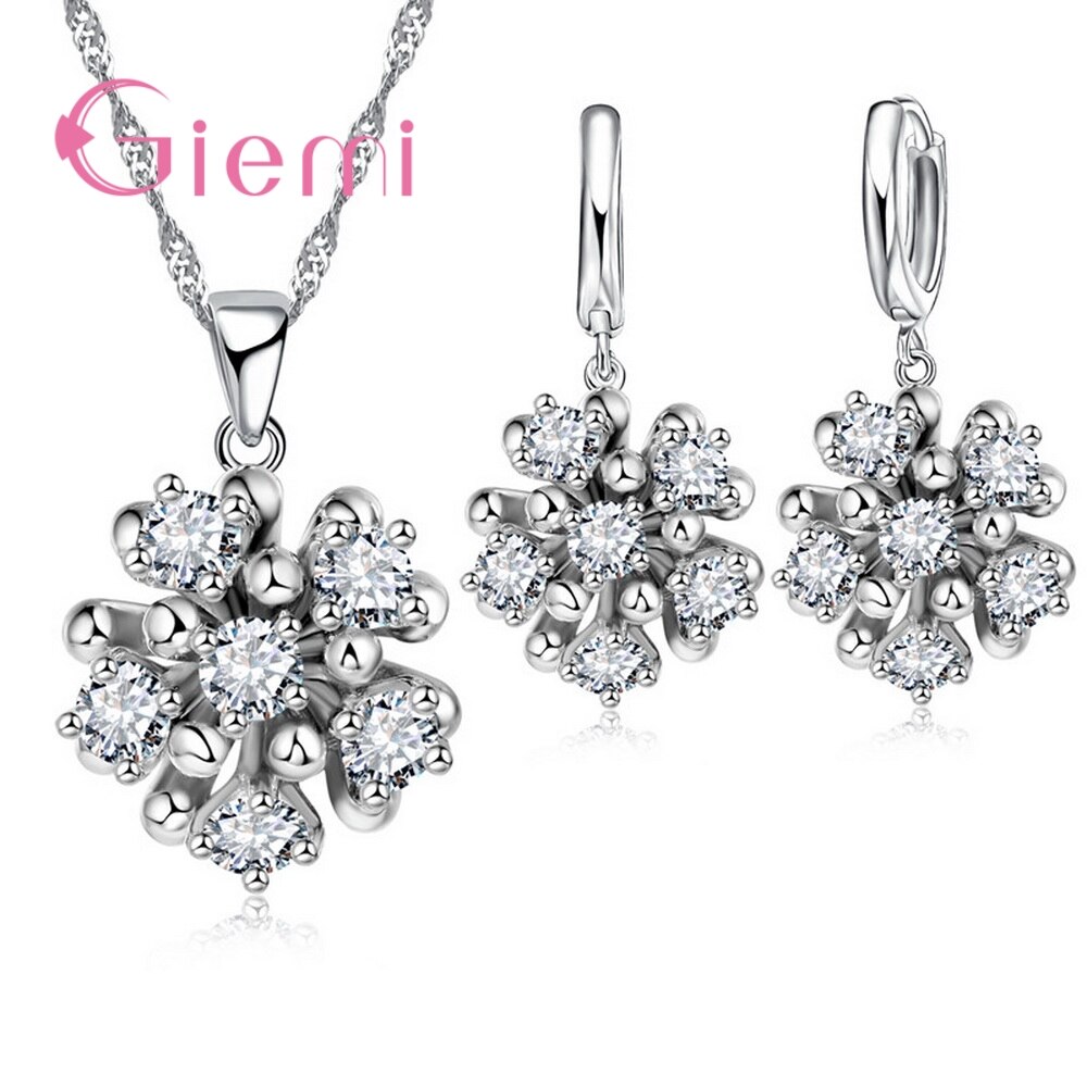 Kleurrijke Cz Zirconia Crystal Bloem Hanger Ketting Oorringen Set 925 Sterling Zilveren Sieraden Set: White